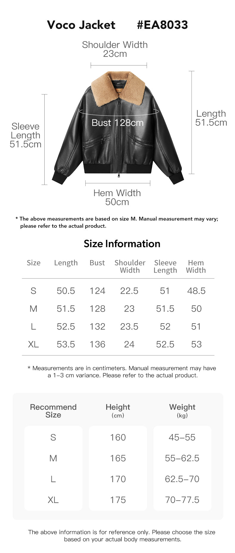 EVERAU® Australian Sheepskin Detachable Wool  Bomber Jacket Voco size chart