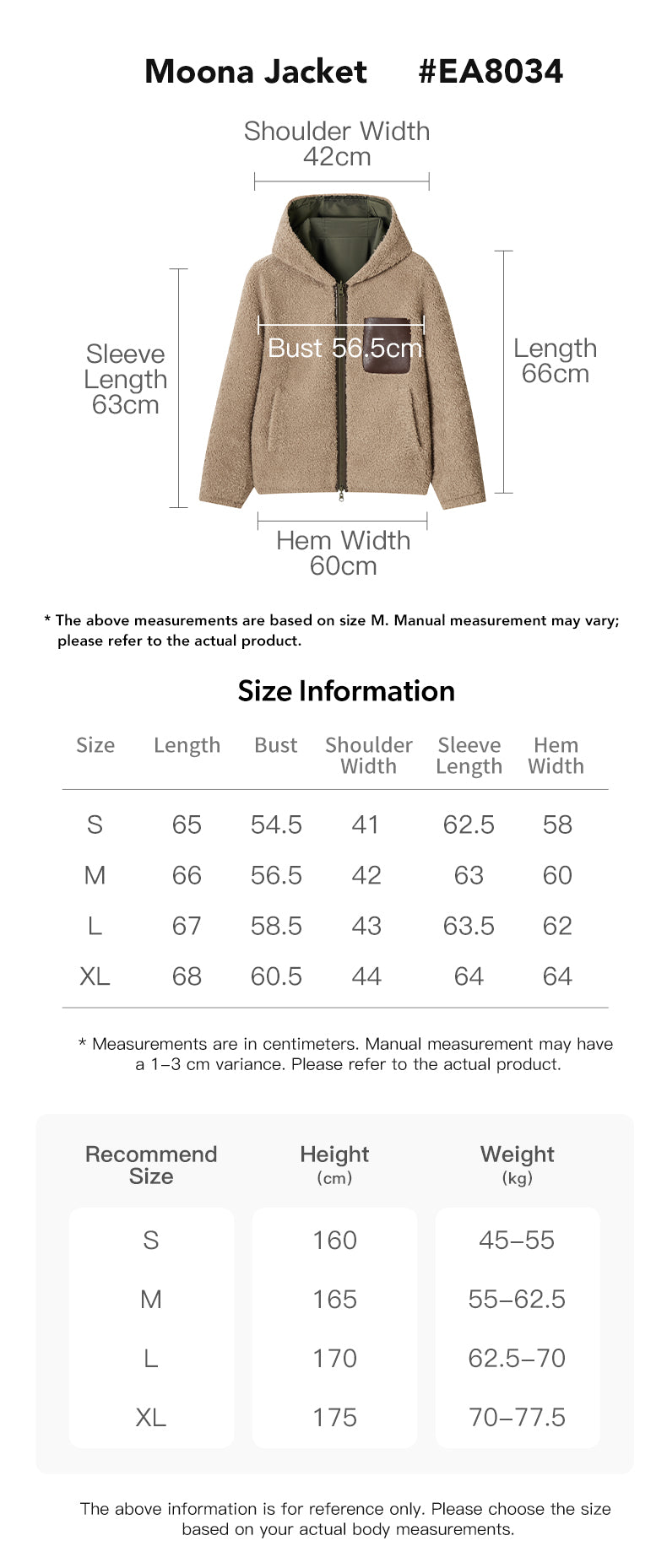 EVERAU® 100% Wool Zip Reversible Jacket Moona size chart