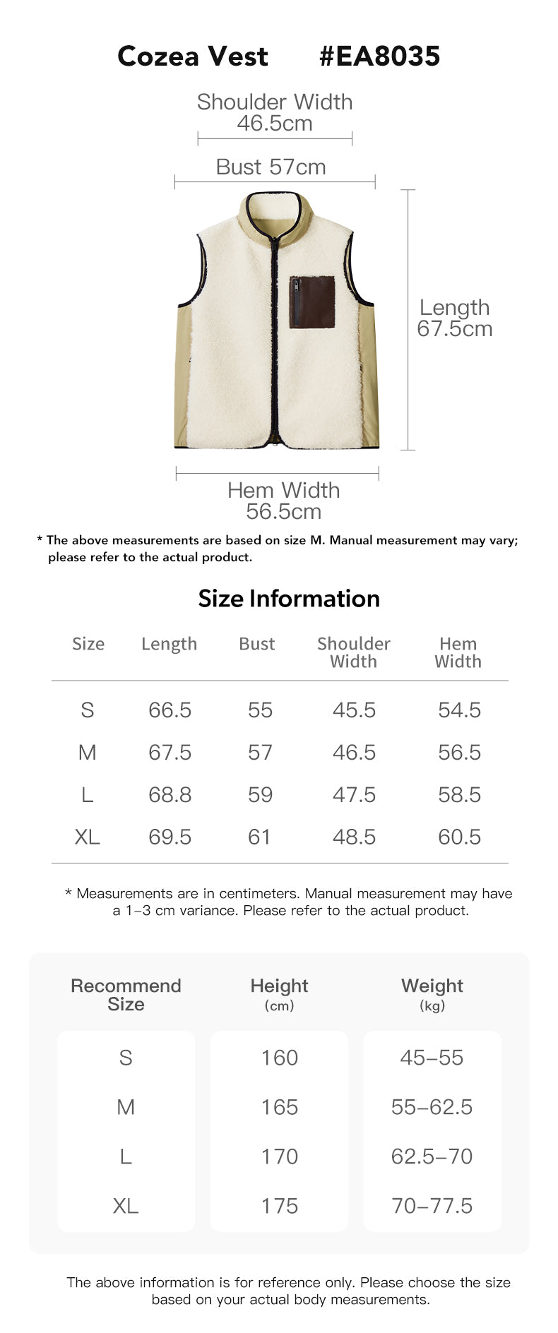 EVERAU® 100% Wool Zip Reversible Vest Cozea size chart