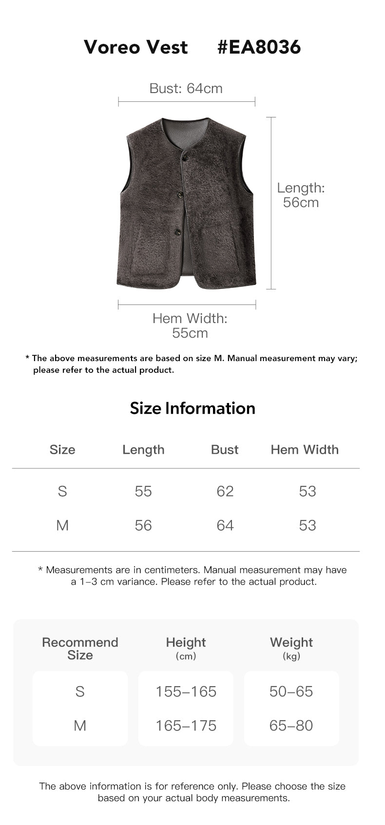 EVERAU® Reversible Vest Voreo size chart
