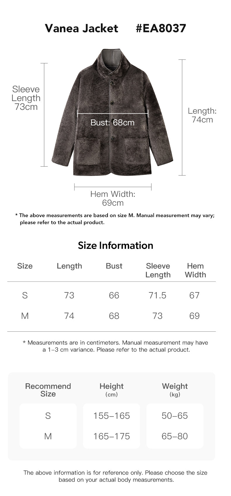 EVERAU® Reversible Jacket Vanea size chart