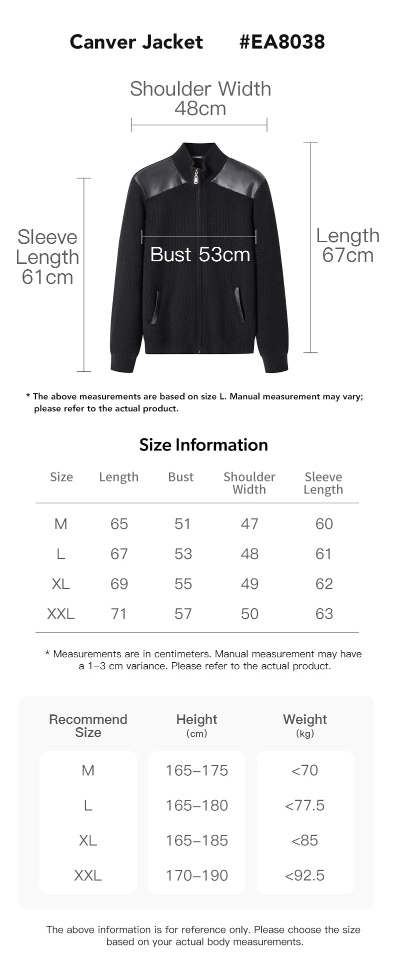 EVERAU® 100% Wool Zip Jacket Canver size chart