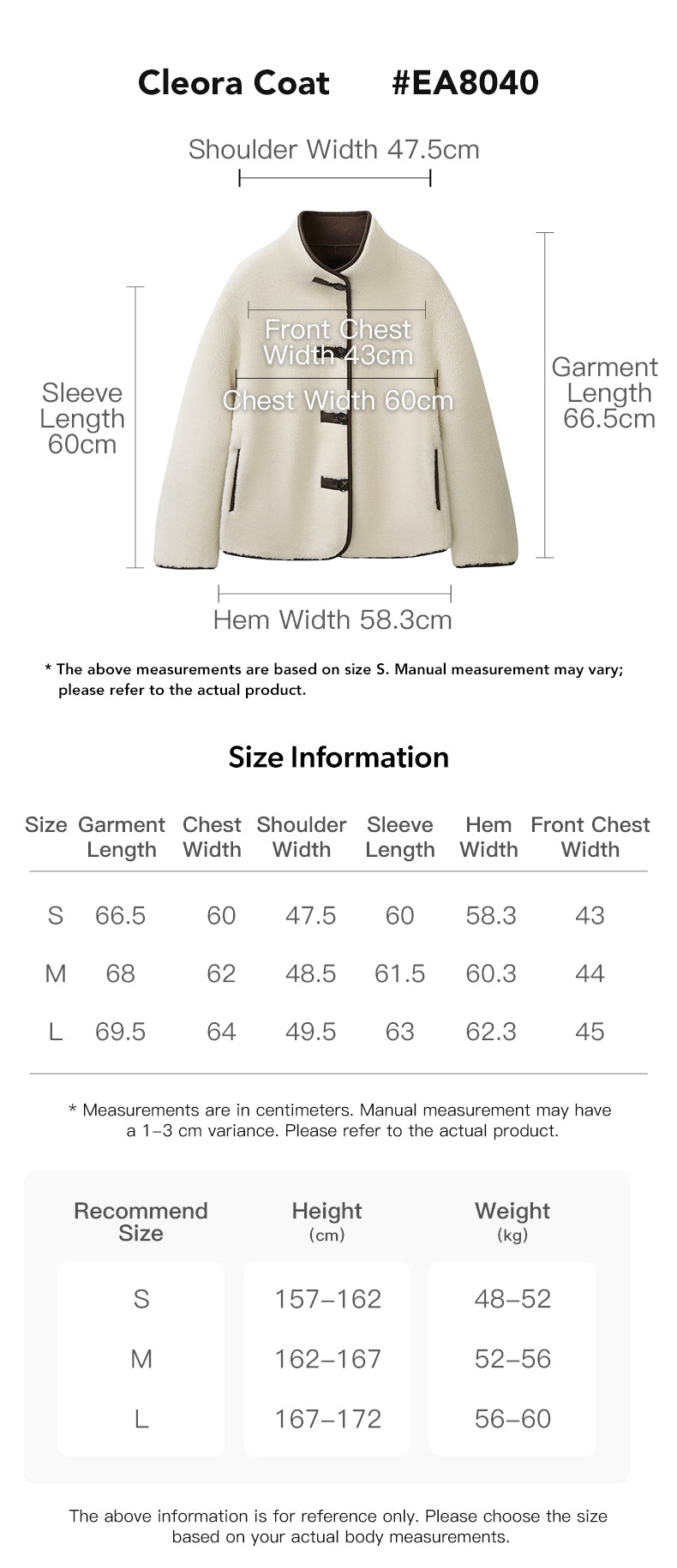EVERAU® Cleora Coat size chart