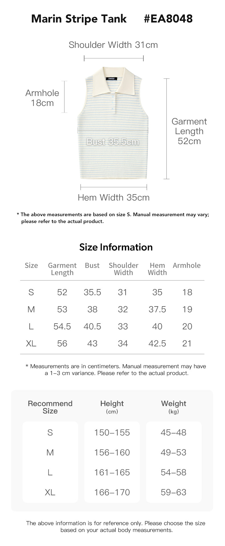 EVERAU® Women 100% Wool Marin Stripe Tank size chart