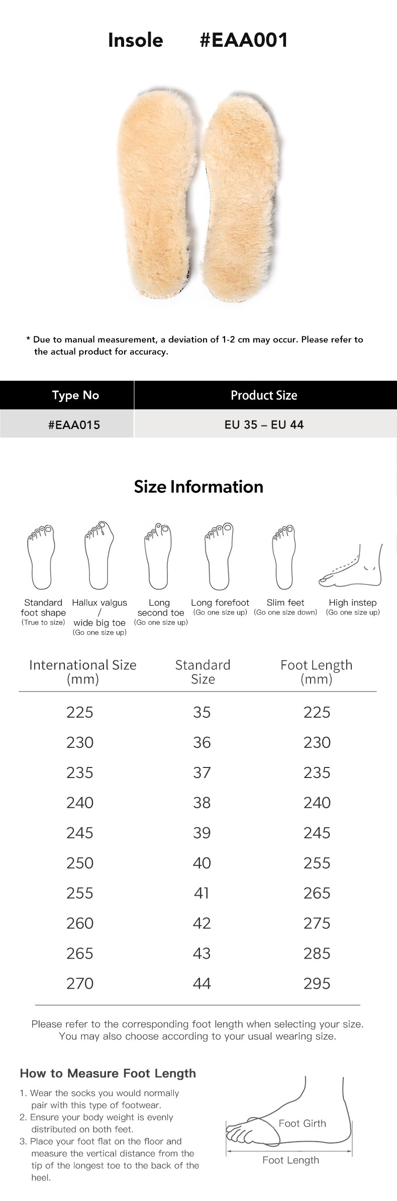 EVERAU® UGG Boots Slippers Insole Insert size chart