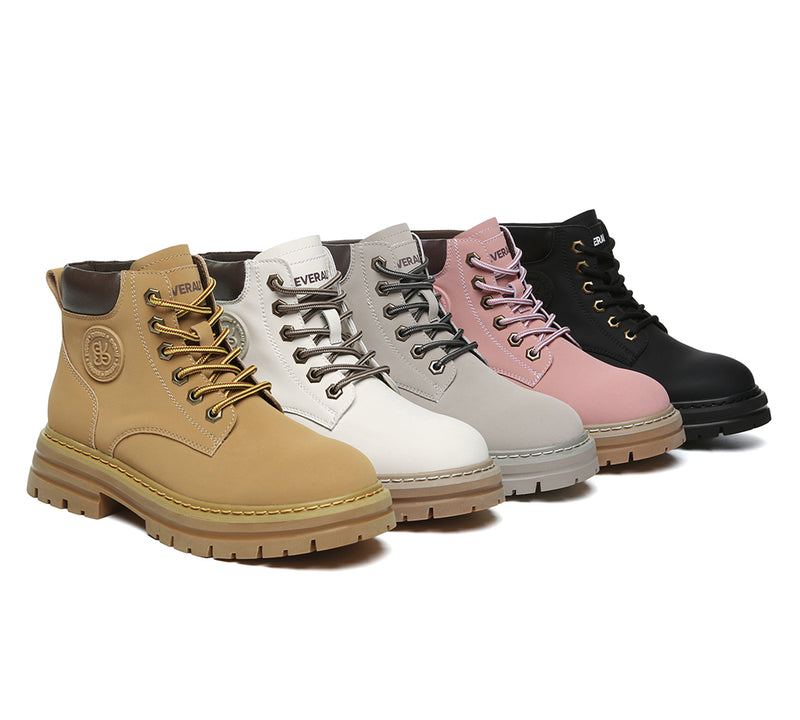EVERAU® Women Leather Lace Up Chunky Boots Stephanie